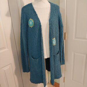 3552 Size XL Upcycled Merokeety Teal Blue Drop Shoulder Popcorn Texture Sweater.